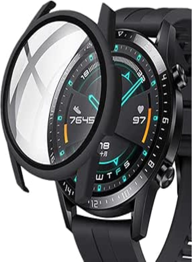 Yrzper Compatible for Huawei GT2 Watch Screen Protector 46mm Ultra Thin HD Tempered Glass Screen Protection Overall Protective Case Matte Hard Cover Defense Edge for Huawei GT2 46MM (Black)